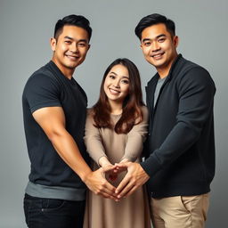 A handsome Asian male duo, an older brother and younger brother, both with a macho appearance, standing beside a beautiful, attractive Korean woman