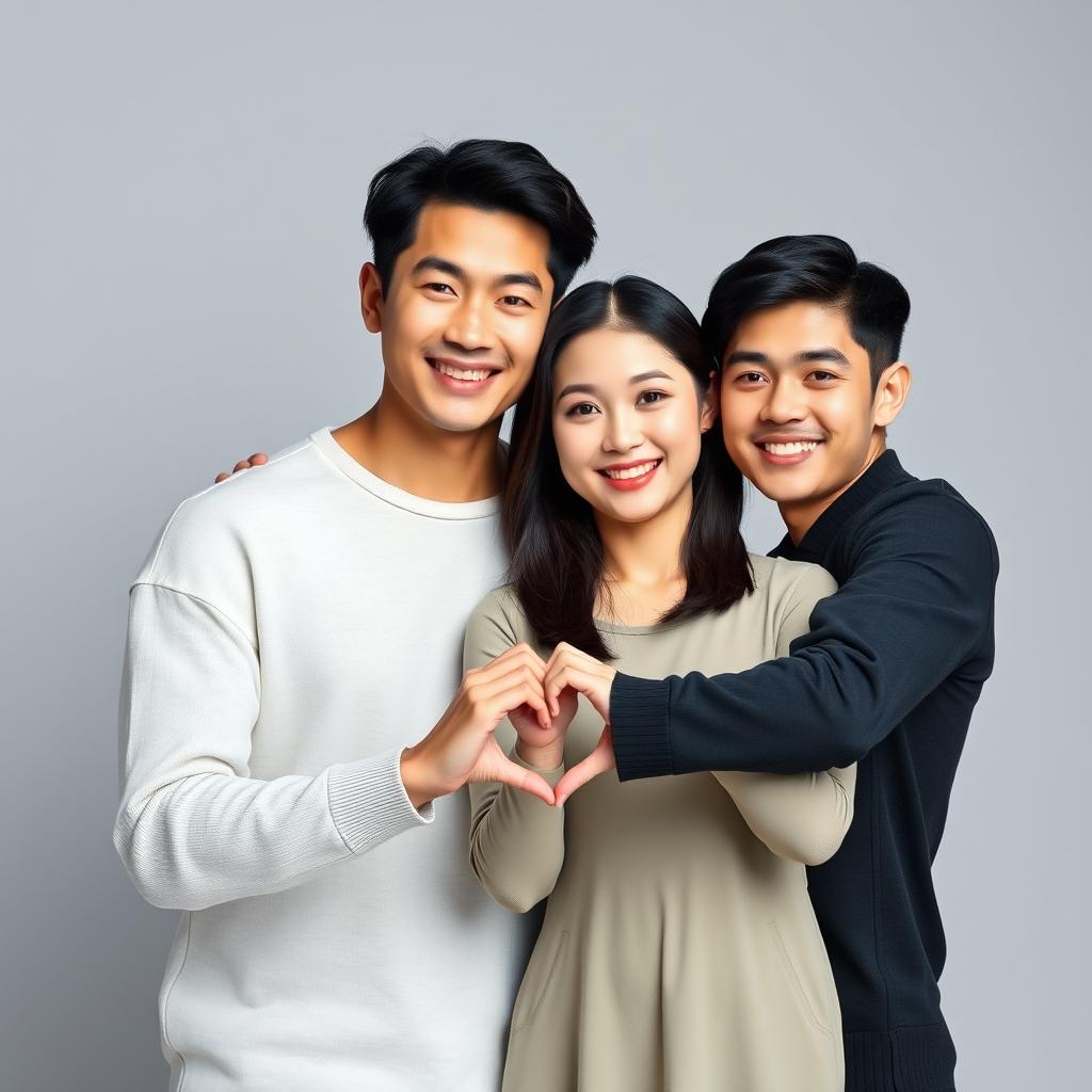 A handsome Asian male duo, an older brother and younger brother, both with a macho appearance, standing beside a beautiful, attractive Korean woman