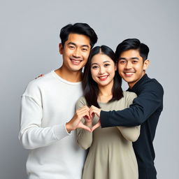 A handsome Asian male duo, an older brother and younger brother, both with a macho appearance, standing beside a beautiful, attractive Korean woman