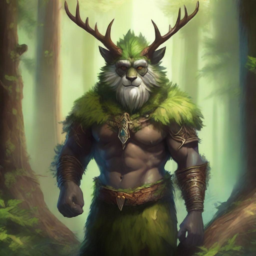 A high-quality illustration that portrays a forest guardian with a warm, welcoming smile