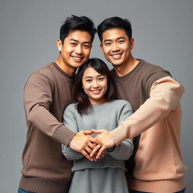 A handsome Asian male duo, an older brother and younger brother, both with a macho appearance, standing beside a beautiful, attractive Korean woman