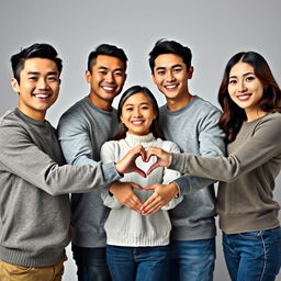 A handsome Asian male duo, an older brother and younger brother, both with a macho appearance, standing beside a beautiful, attractive Korean woman