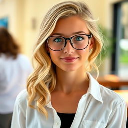 An Irish girl wearing a white blouse with a few buttons unbuttoned, showcasing a casual yet stylish look