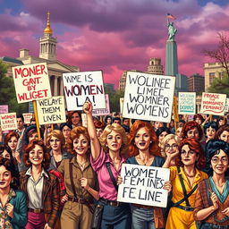 A historical depiction of the mid-20th century feminist movement, showcasing passionate women protesting for equal rights, holding signs advocating for women's liberation