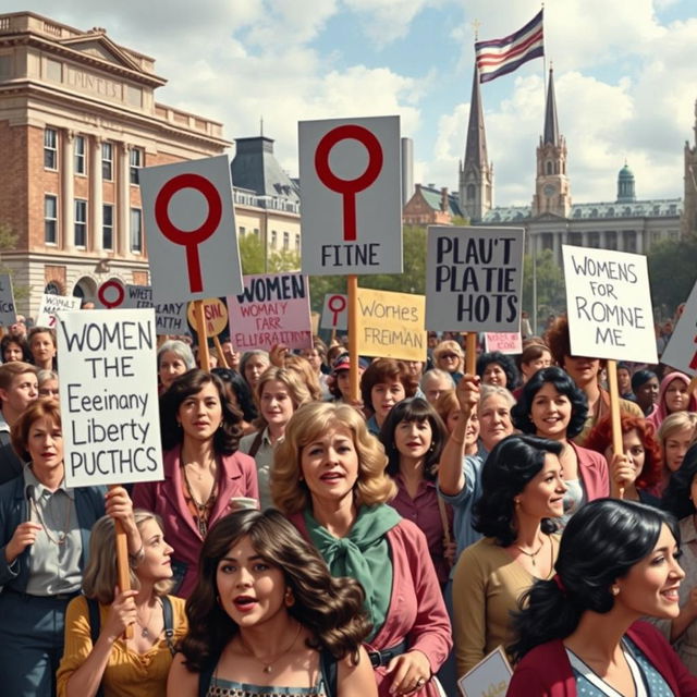 A historical depiction of the mid-20th century feminist movement, showcasing passionate women protesting for equal rights, holding signs advocating for women's liberation