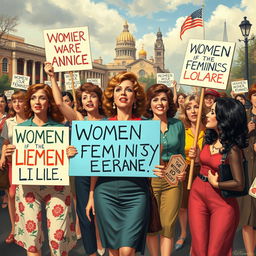 A historical depiction of the mid-20th century feminist movement, showcasing passionate women protesting for equal rights, holding signs advocating for women's liberation