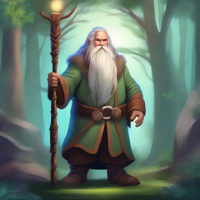 A high-quality digital art piece that depicts a mountain dwarf druid from the circle of dreams