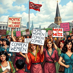 A historical depiction of the mid-20th century feminist movement, showcasing passionate women protesting for equal rights, holding signs advocating for women's liberation