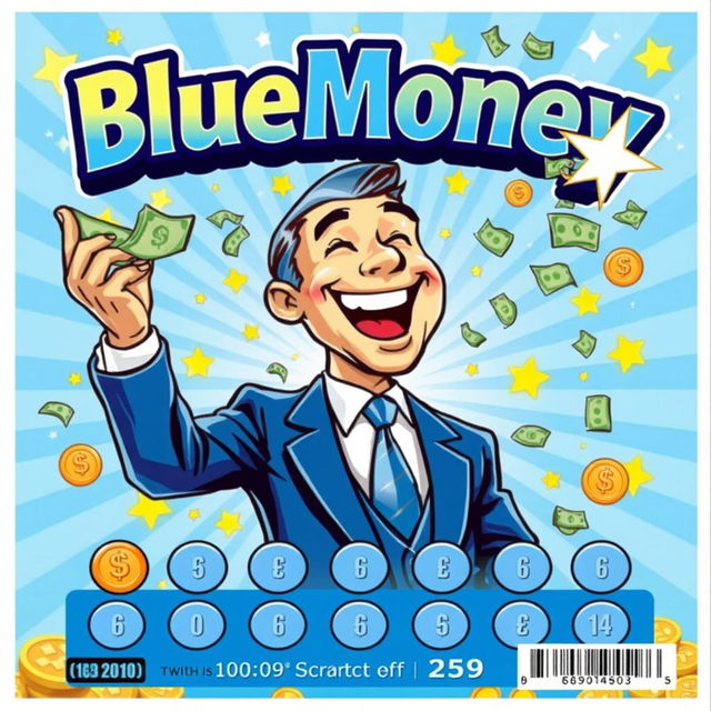 A vibrant and eye-catching lottery scratch-off ticket titled 'BlueMoney'