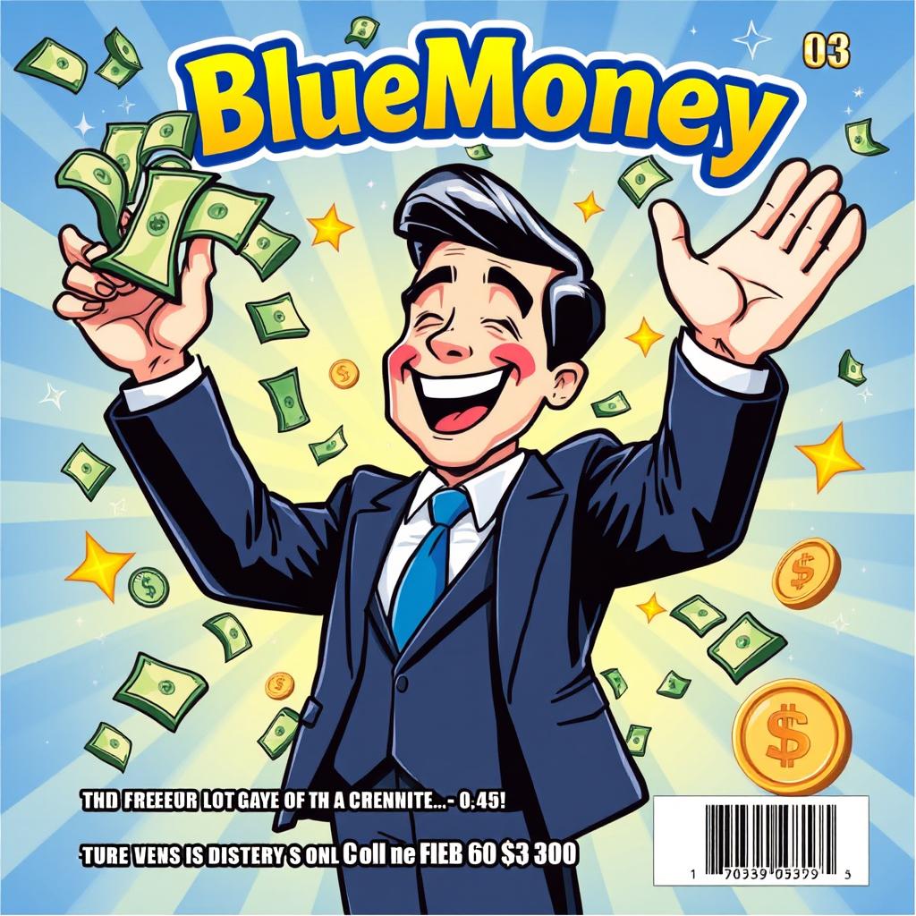 A vibrant and eye-catching lottery scratch-off ticket titled 'BlueMoney'