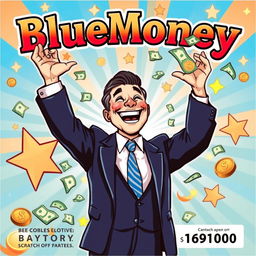 A vibrant and eye-catching lottery scratch-off ticket titled 'BlueMoney'