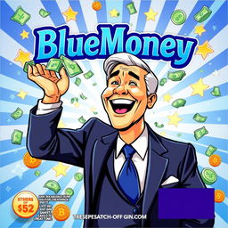 A vibrant and eye-catching lottery scratch-off ticket titled 'BlueMoney'