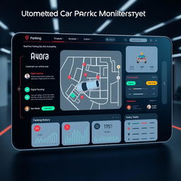 A detailed and visually appealing interface design for an Automated Car Parking Monitoring System, showcasing features such as real-time parking slot availability, digital map navigation of the parking area, vehicle tracking, user alerts about parking status, and user-friendly icons