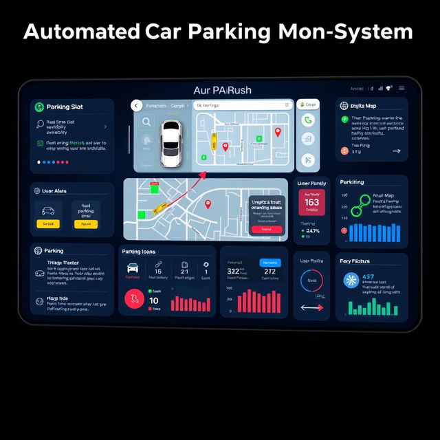 A detailed and visually appealing interface design for an Automated Car Parking Monitoring System, showcasing features such as real-time parking slot availability, digital map navigation of the parking area, vehicle tracking, user alerts about parking status, and user-friendly icons