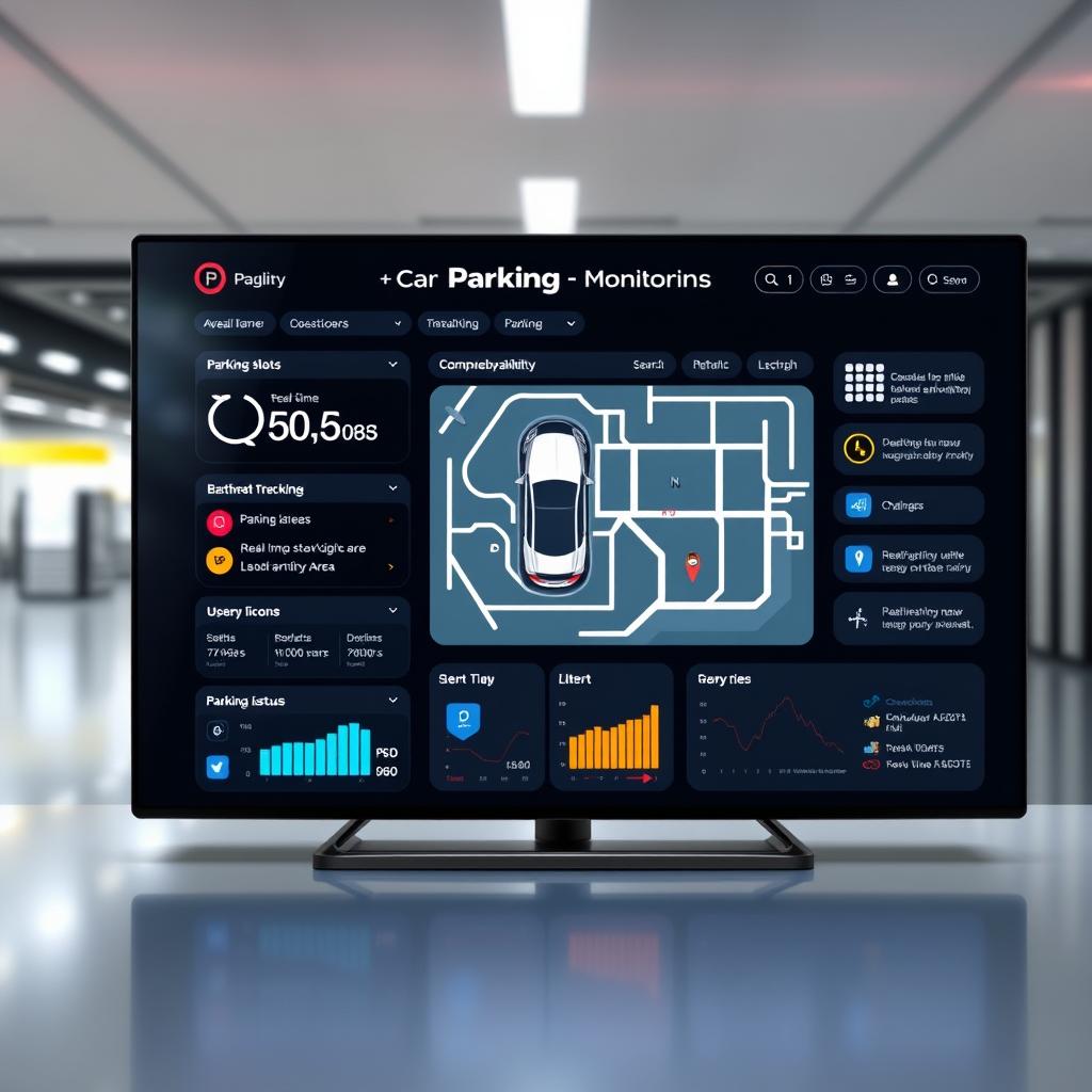 A detailed and visually appealing interface design for an Automated Car Parking Monitoring System, showcasing features such as real-time parking slot availability, digital map navigation of the parking area, vehicle tracking, user alerts about parking status, and user-friendly icons