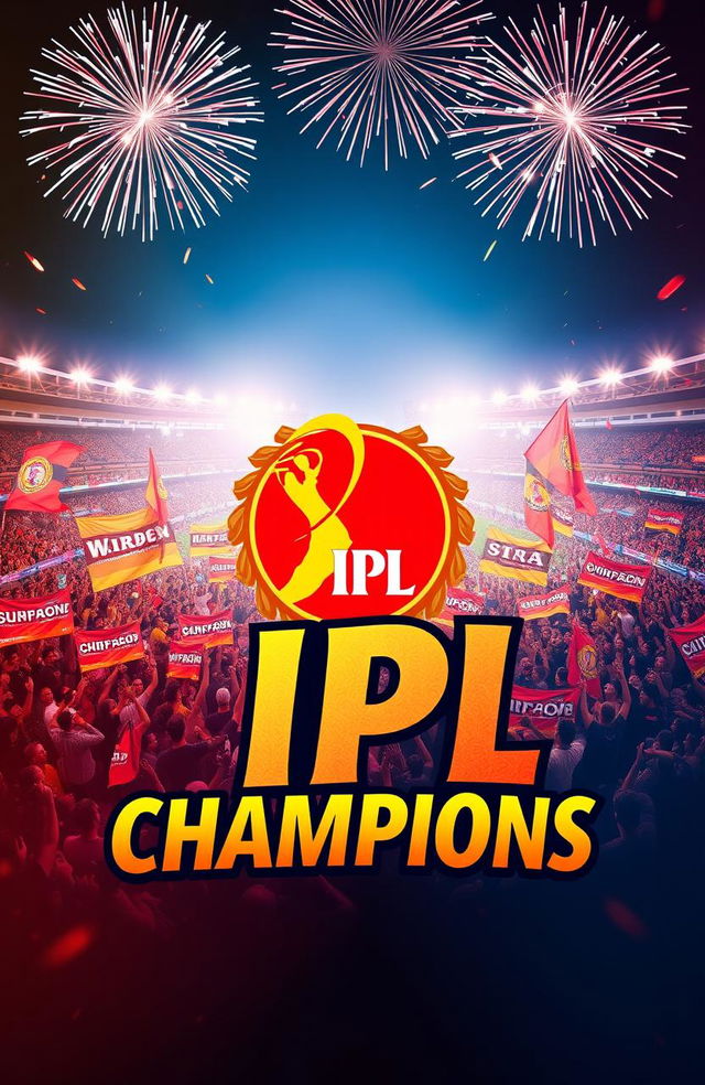 A vibrant and dynamic poster celebrating the IPL victory of the Bangalore cricket team