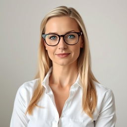 A portrait of a 35-year-old Irish woman wearing a slightly unbuttoned white blouse
