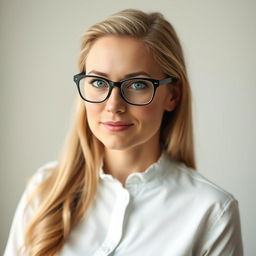 A portrait of a 35-year-old Irish woman wearing a slightly unbuttoned white blouse