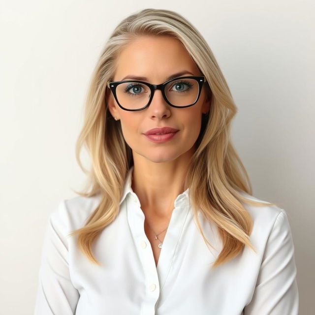 A portrait of a 35-year-old Irish woman wearing a slightly unbuttoned white blouse