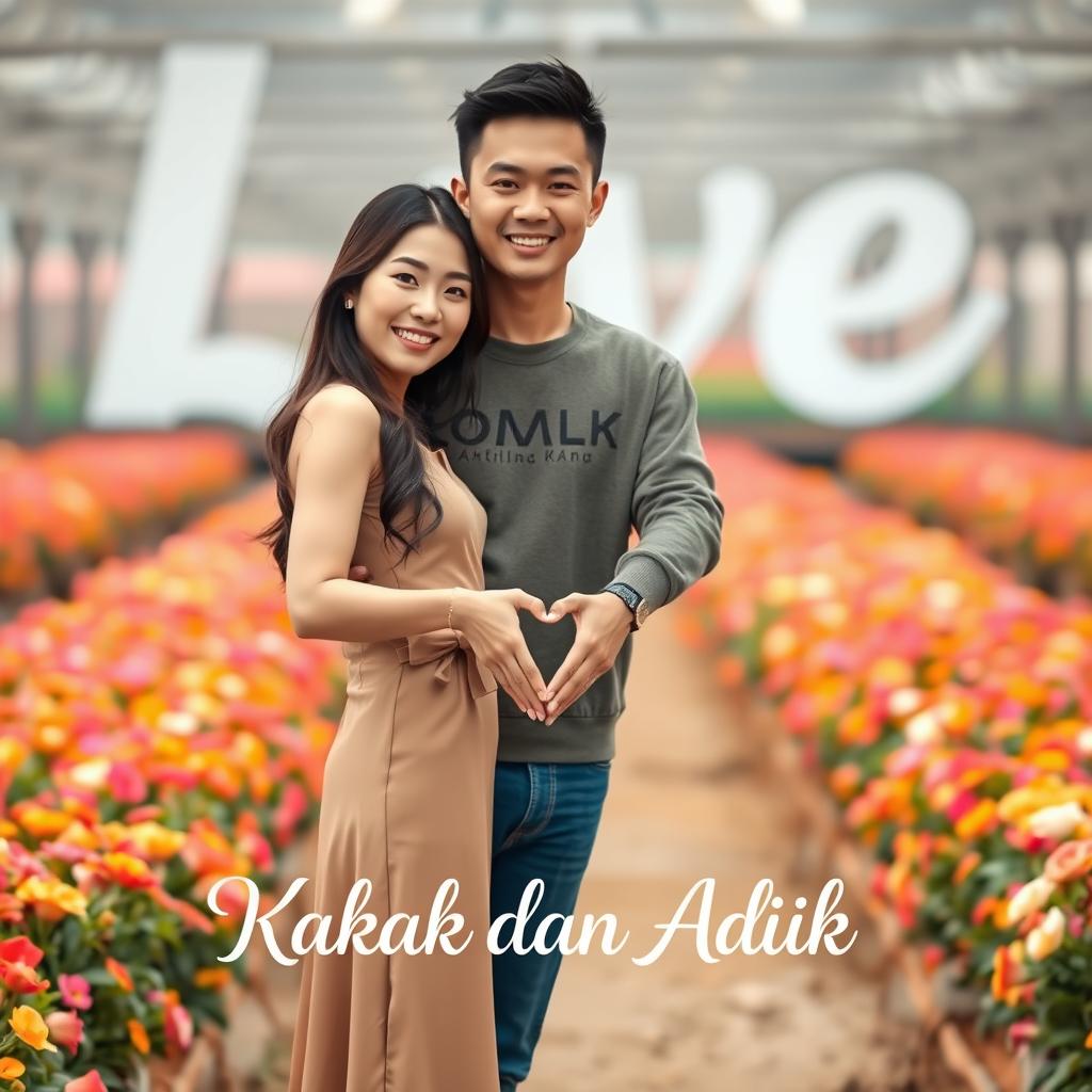 A beautiful young Korean woman standing gracefully with a handsome macho Asian man, both facing the camera with soft and sweet smiles