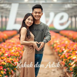 A beautiful young Korean woman standing gracefully with a handsome macho Asian man, both facing the camera with soft and sweet smiles