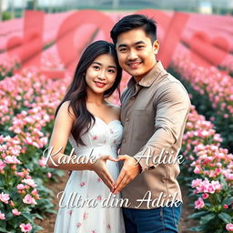 A beautiful young Korean woman standing gracefully with a handsome macho Asian man, both facing the camera with soft and sweet smiles