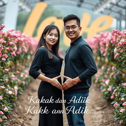 A beautiful young Korean woman standing gracefully with a handsome macho Asian man, both facing the camera with soft and sweet smiles