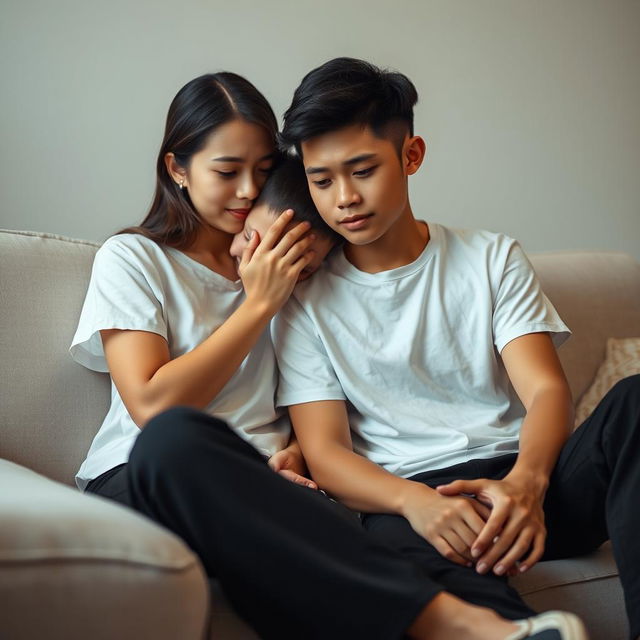 A photo-realistic scene featuring a beautiful, fair-skinned Asian older sister, aged 20, in a white T-shirt and long black pants