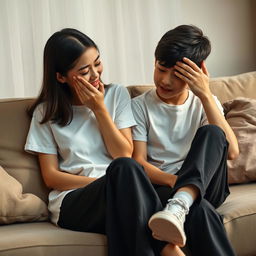 A photo-realistic scene featuring a beautiful, fair-skinned Asian older sister, aged 20, in a white T-shirt and long black pants