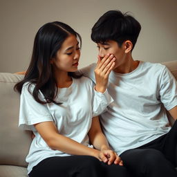 A photo-realistic scene featuring a beautiful, fair-skinned Asian older sister, aged 20, in a white T-shirt and long black pants