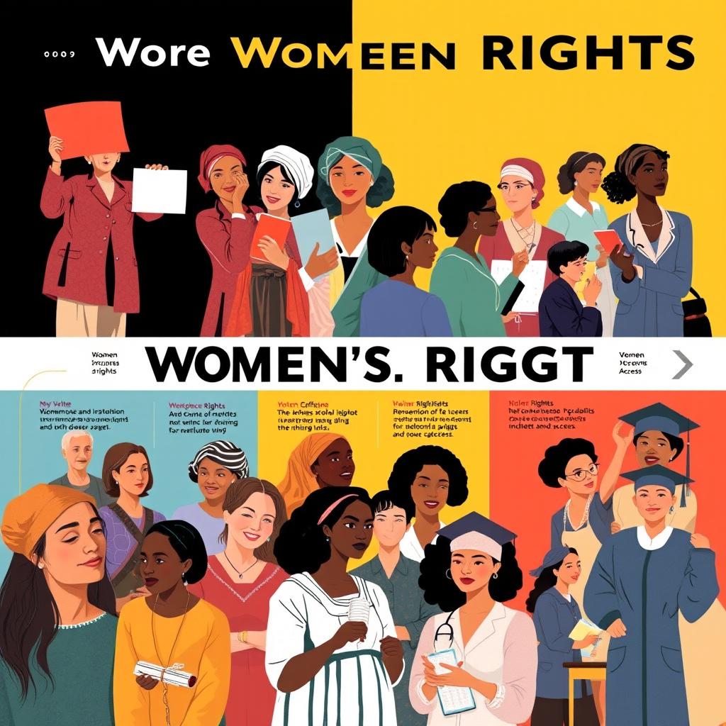 An informative and inspiring collage illustrating key milestones in women's rights: the suffrage movement showcasing women voting and marching, symbols of workplace rights like women in diverse professions earning equal pay, scenes representing reproductive rights with women discussing and advocating for healthcare access, and educational achievements with women in classrooms and graduation caps celebrating educational access