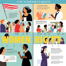 An informative and inspiring collage illustrating key milestones in women's rights: the suffrage movement showcasing women voting and marching, symbols of workplace rights like women in diverse professions earning equal pay, scenes representing reproductive rights with women discussing and advocating for healthcare access, and educational achievements with women in classrooms and graduation caps celebrating educational access