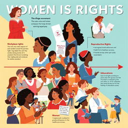 An informative and inspiring collage illustrating key milestones in women's rights: the suffrage movement showcasing women voting and marching, symbols of workplace rights like women in diverse professions earning equal pay, scenes representing reproductive rights with women discussing and advocating for healthcare access, and educational achievements with women in classrooms and graduation caps celebrating educational access