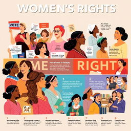 An informative and inspiring collage illustrating key milestones in women's rights: the suffrage movement showcasing women voting and marching, symbols of workplace rights like women in diverse professions earning equal pay, scenes representing reproductive rights with women discussing and advocating for healthcare access, and educational achievements with women in classrooms and graduation caps celebrating educational access