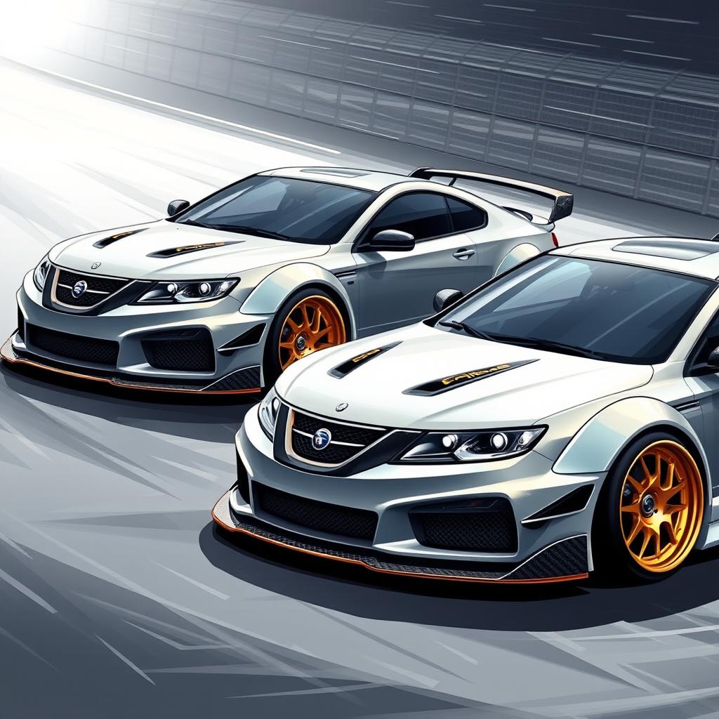 An eye-catching illustration of two Saab turbo coupe cars, both featuring widebody kits that enhance their aggressive stance and aerodynamics