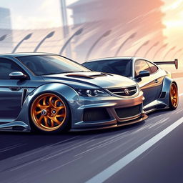 An eye-catching illustration of two Saab turbo coupe cars, both featuring widebody kits that enhance their aggressive stance and aerodynamics
