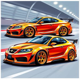 An eye-catching illustration of two Saab turbo coupe cars, both featuring widebody kits that enhance their aggressive stance and aerodynamics