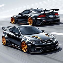 An eye-catching illustration of two Saab turbo coupe cars, both featuring widebody kits that enhance their aggressive stance and aerodynamics