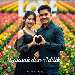 A beautiful young Korean woman with an elegant appearance standing alongside a handsome Asian man with a macho look, both facing the camera with soft, sweet smiles