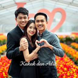 A beautiful young Korean woman with an elegant appearance standing alongside a handsome Asian man with a macho look, both facing the camera with soft, sweet smiles