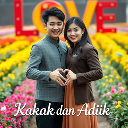 A beautiful young Korean woman with an elegant appearance standing alongside a handsome Asian man with a macho look, both facing the camera with soft, sweet smiles