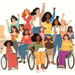 A powerful and uplifting illustration celebrating disabled women, showcasing a diverse group of women with various disabilities engaged in everyday activities, like working, studying, and enjoying leisure time