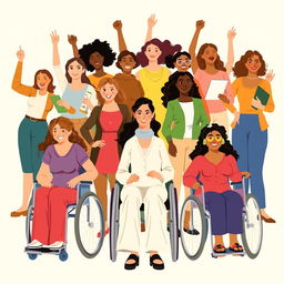 A powerful and uplifting illustration celebrating disabled women, showcasing a diverse group of women with various disabilities engaged in everyday activities, like working, studying, and enjoying leisure time