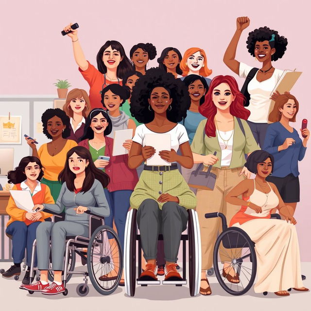 A powerful and uplifting illustration celebrating disabled women, showcasing a diverse group of women with various disabilities engaged in everyday activities, like working, studying, and enjoying leisure time