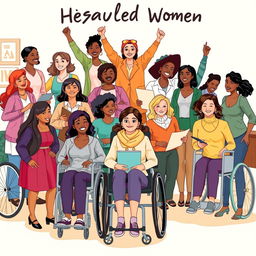 A powerful and uplifting illustration celebrating disabled women, showcasing a diverse group of women with various disabilities engaged in everyday activities, like working, studying, and enjoying leisure time