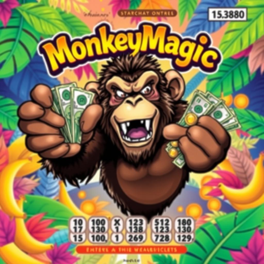 A vibrant and eye-catching lottery scratch-off ticket design named "MonkeyMagic" featuring an illustrated angry monkey with fur in shades of brown and black