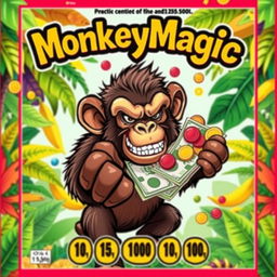 A vibrant and eye-catching lottery scratch-off ticket design named "MonkeyMagic" featuring an illustrated angry monkey with fur in shades of brown and black