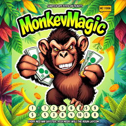 A vibrant and eye-catching lottery scratch-off ticket design named "MonkeyMagic" featuring an illustrated angry monkey with fur in shades of brown and black