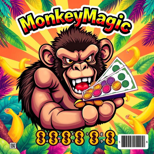 A vibrant and eye-catching lottery scratch-off ticket design named "MonkeyMagic" featuring an illustrated angry monkey with fur in shades of brown and black