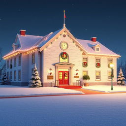 a beautiful 3D animated scene of a white brick school building set in a winter landscape during the night